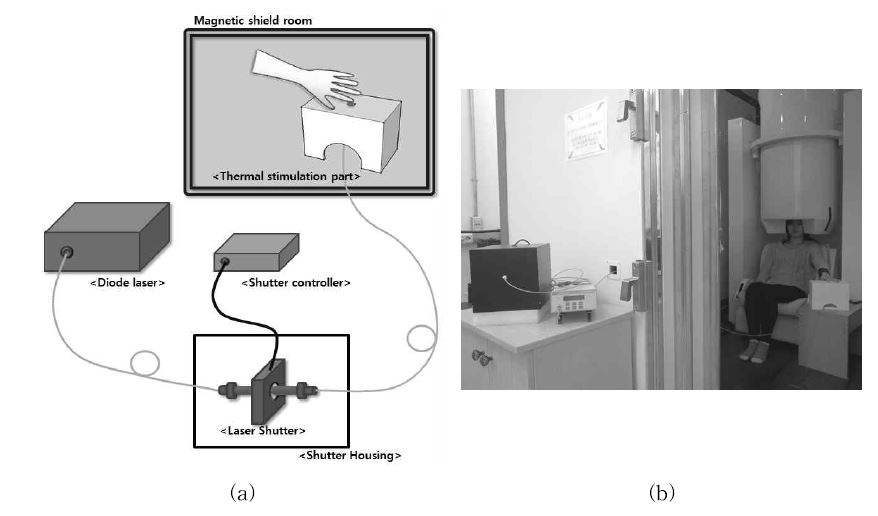 (a) Schematic diagram to illustrate laser warm stimulator. (b)KRISS MEG system with the laser warm stimulator.