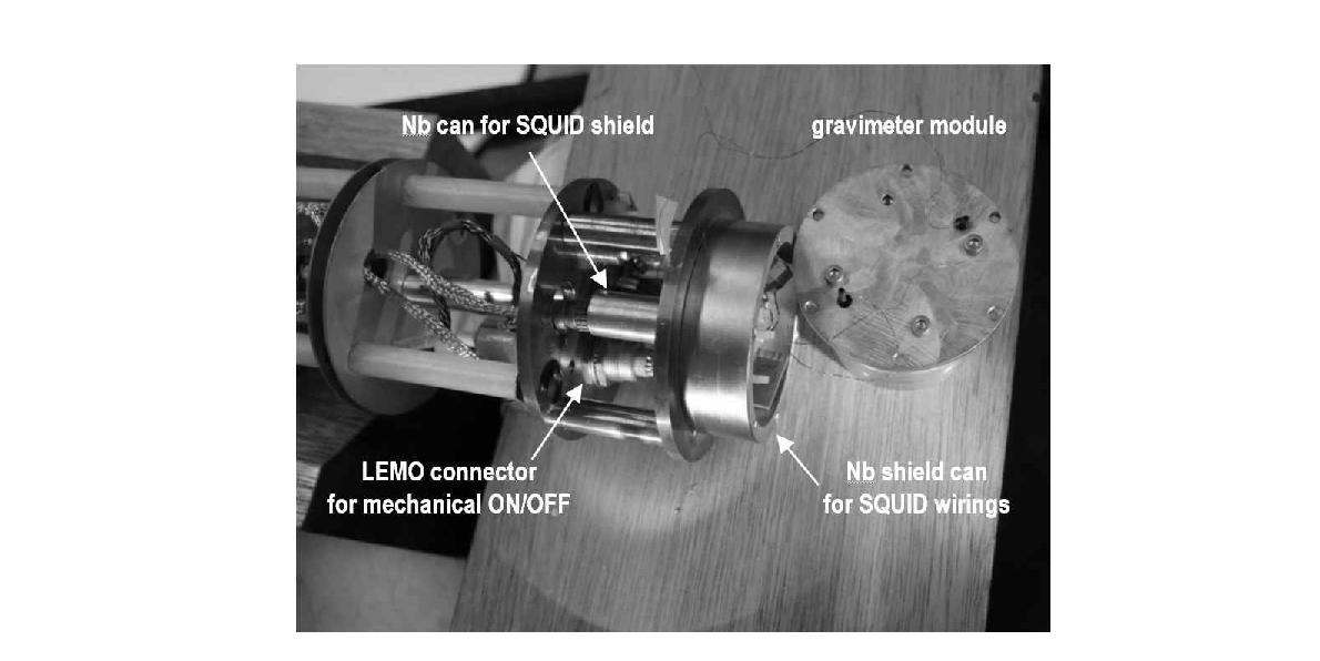 Cryogenic insert for the superconducting gravimeter showing (a)Gravimeter module, (b) Nb superconducting shield can for SQUID wiring , (c) Nb shield can for SQUID, and (d) LEMO 19-pin connector for remote isolation of wiring.