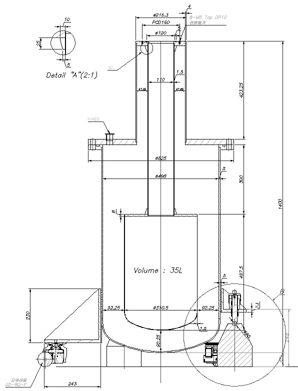 Design of liquid He dewar for superconducting Gravimeter, showing He reservoir capacity of 35 L.