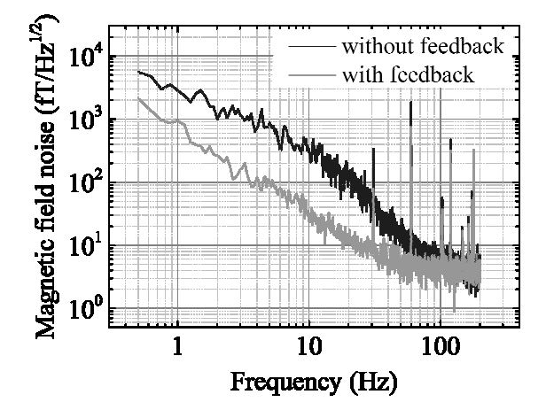 The noise spectrum of the atomic magnetometer with (orange line) and without (blue line) negative controlled feedback.