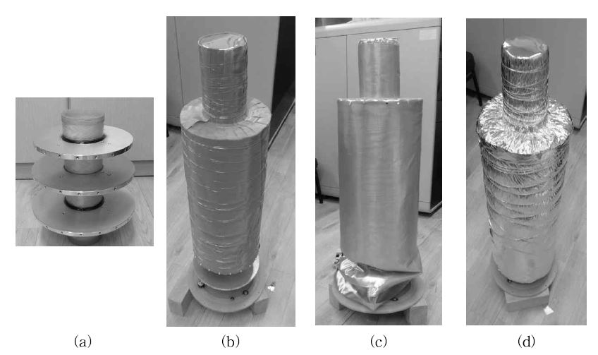 Photographs of the (a) thermal anchor, (b) thermal shield (c)superinsulator, and (d) rf shield.