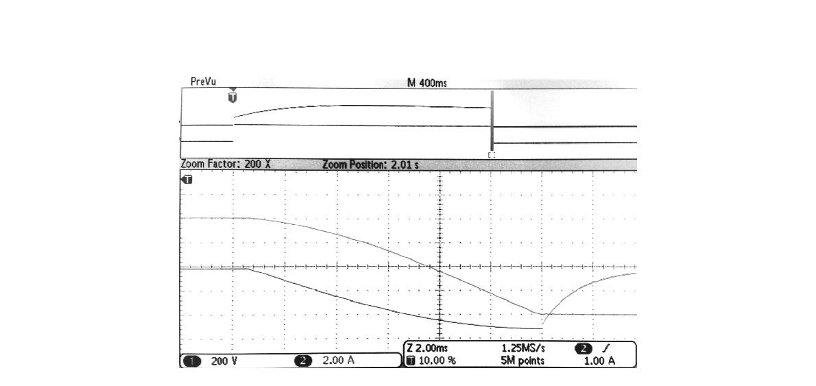 Driving characteristics of the superconducting B coil. 4 A current induced 260 V spike across the Bp coil as the current was ramped down to 0, and the ramp-down time was 11.5 ms. (65 Vind/A) The upper (lighter) trace shows current through the coil (2 A/div) and the lower (darker) trace shows voltage induced across the coil. (200 V/div) Horizontal scale is 2 ms/div.