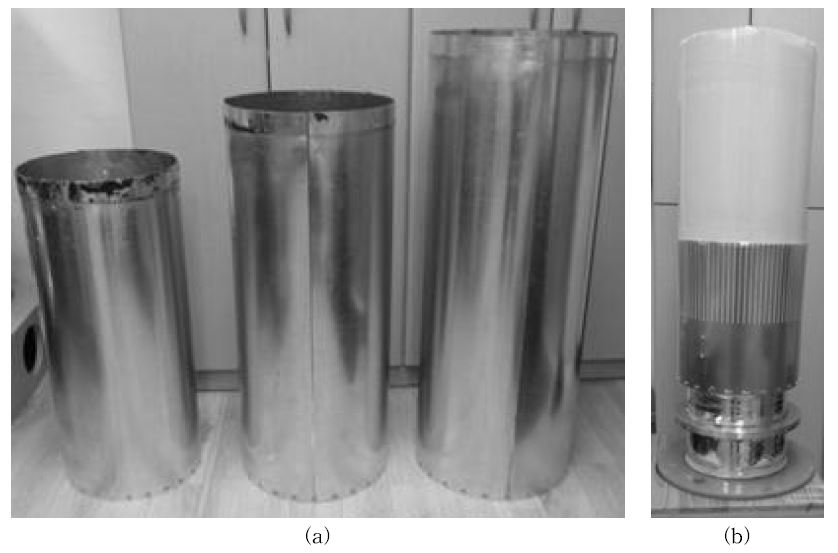 (a) Three layers of cylindrical aluminum thermal shields used in making SBpID according to Fig. 3-1-19. (b) The outer-most layer of thermal shields with vertical slits to prevent thermal noise current from being amplified via unimpeded radial flow. The other two layers hidden inside have vertical slits in the same manner.
