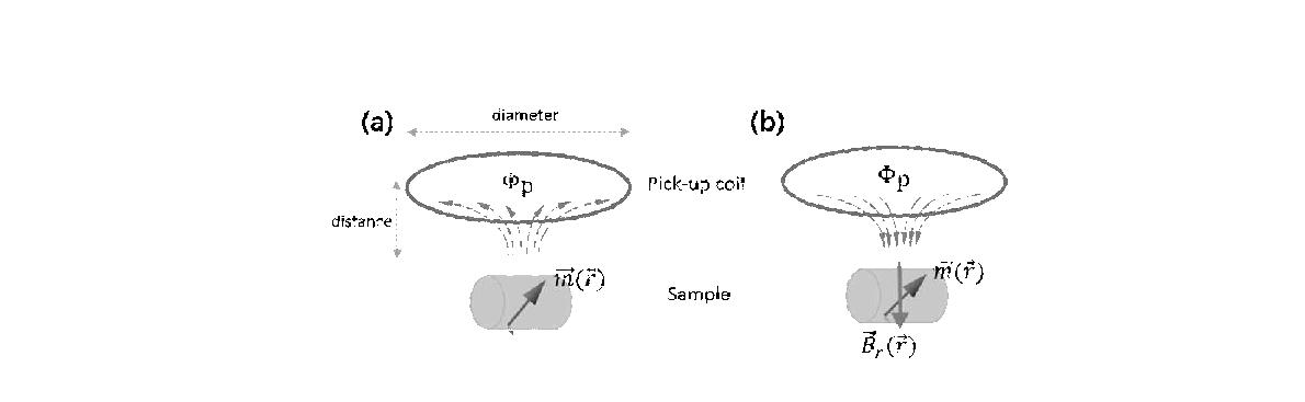 Two different approach to calculate the magnetic flux on pickup area from a magnetic dipole source (a) integrating the total flux from the source or (b) using principle of reciprocity.