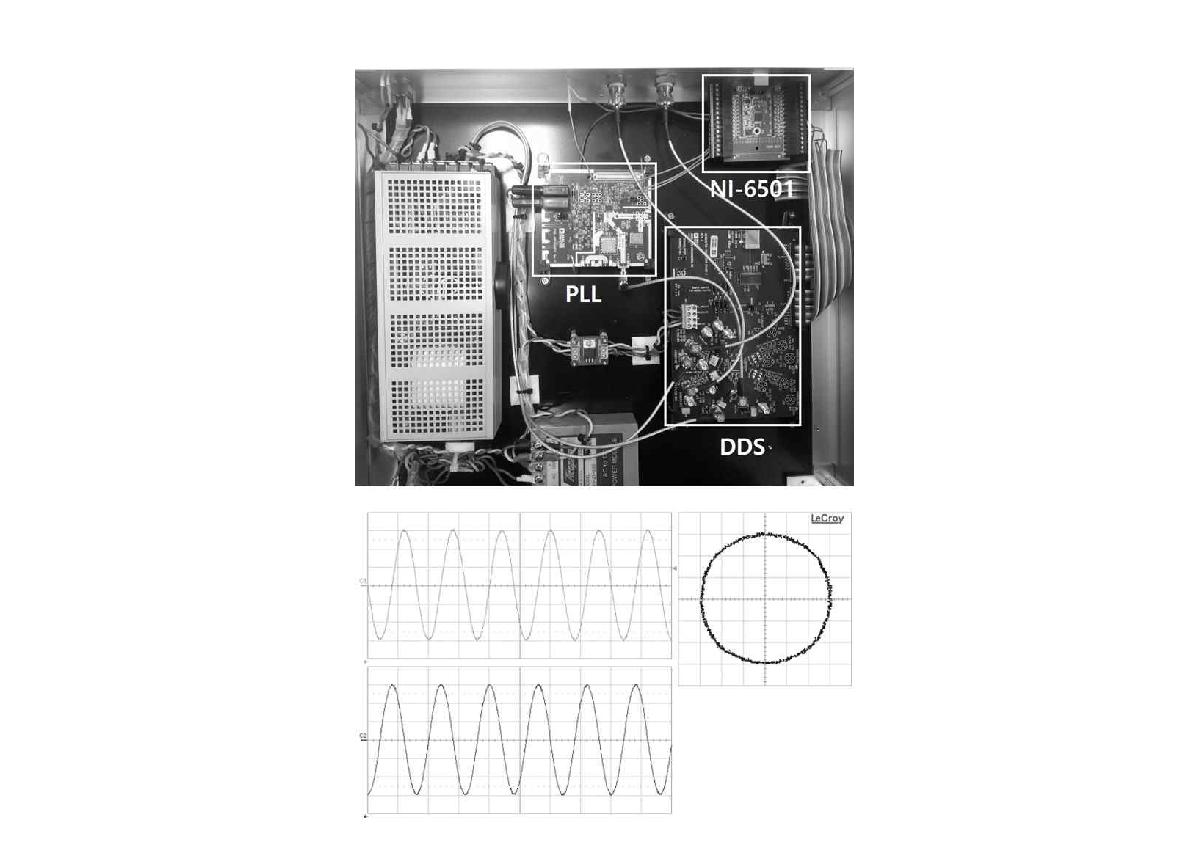 (Up) Inside of in-house built DDS device (Down) 100 MHz quadrature signals generated by the DDS device.