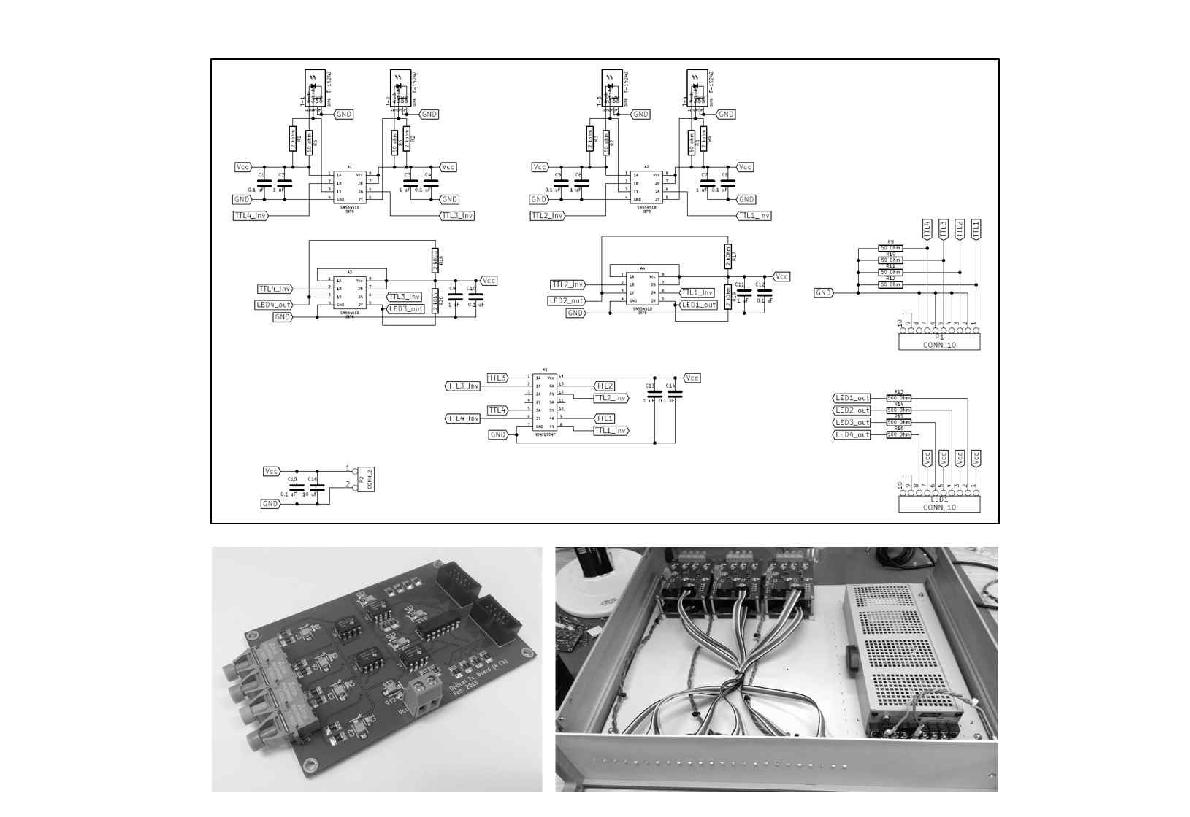 (Up) Circuit diagram of 4 Ch. optical Tx board. (Down) a single board and the entire 24 Ch. system.