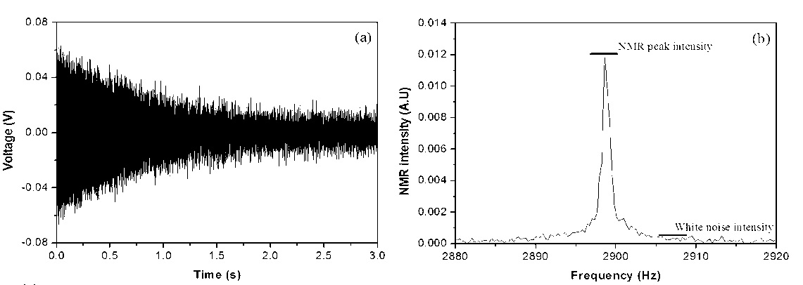 (a) H proton FID signal obtained at 68 μT and (b) its FFT spectrum.