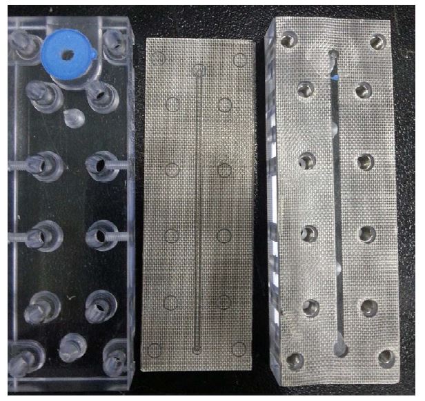 From the left, Plastic micro fluidic channel block(top), laser-cut spacer, and spacer attached plastic block (bottom).