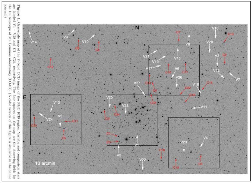 산개성단 M34의 관측 영역과 변광성 분포.
