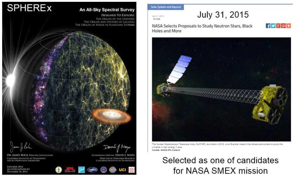 NASA SMEX 미션에 대한 SPHEREx의 제안서(왼쪽)와 1차 선정 결과에 대한 NASA의 보도자료(오른쪽).