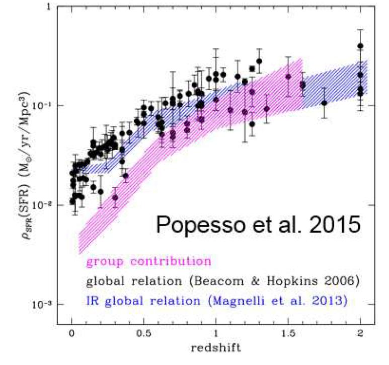 그룹 은하 종족에 따른 별생성 밀도에의 기여도 (Popesso et al. 2015).