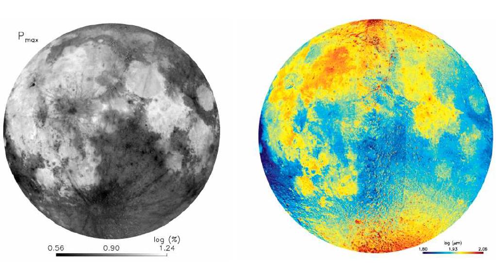 관측파장 4436Å에서의 최대편광도(왼쪽)와 편광자료와 측광자료를 이용하여 추정한 달의 입자크기 지도(오른쪽)