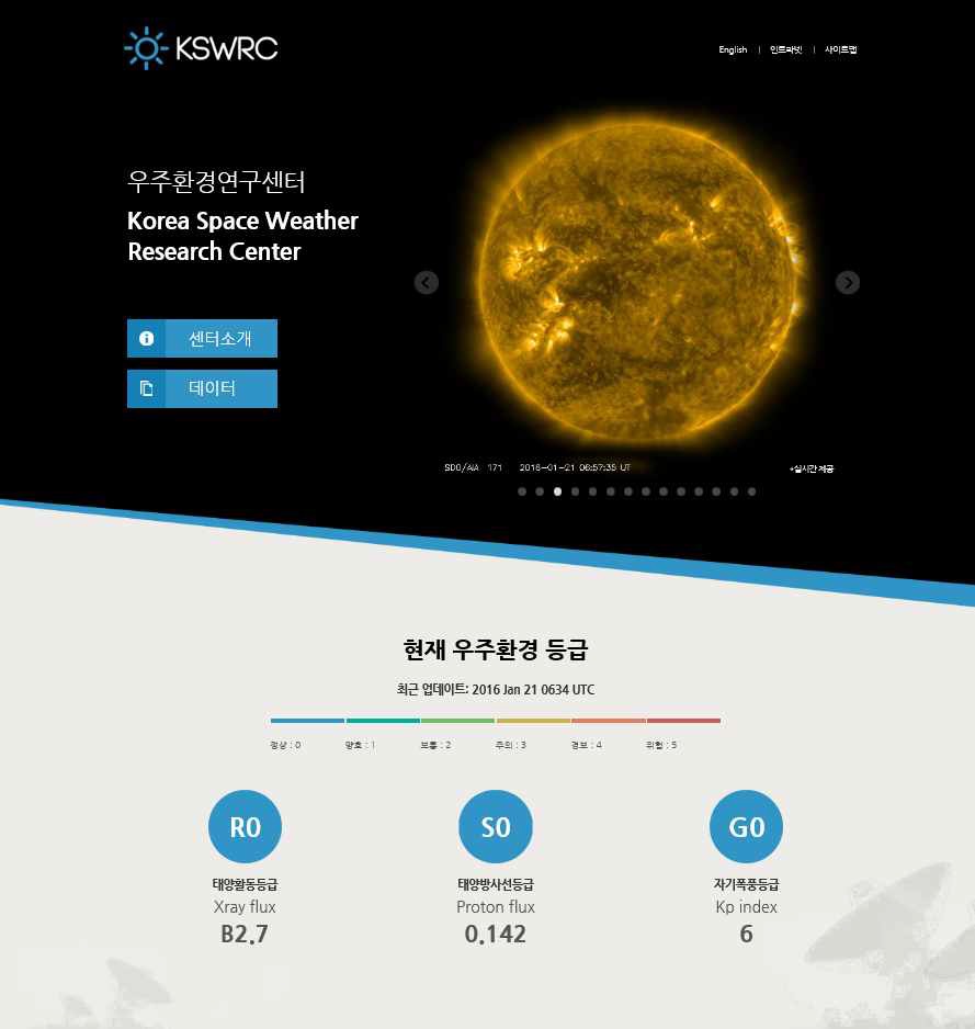 KSWRC 홈페이지. 우주환경연구센터에서 운영 중인 데이터 제공