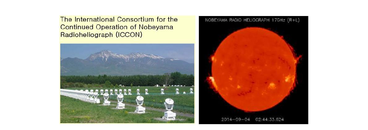 ICCON 홈페이지의 NoRH 망원경 모습(왼쪽)과 17 GHz 태양 전파 관측 영상(오른쪽)