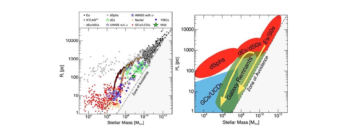 (좌) 구상성단, 왜소은하, 조기형은하의 항성질량과 크기의 관계와 (우) 조석력에 의한 고밀도 왜소은하의 형성 시나리오(Norris et al. 2014).