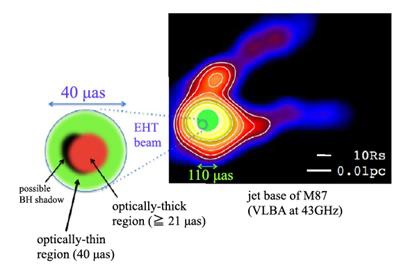 Illustration of the jet base of M87 down tothe EHT region scale. The right panel shows the actual image of M87 with VLBA at 43 GHz adopted from Hada et al