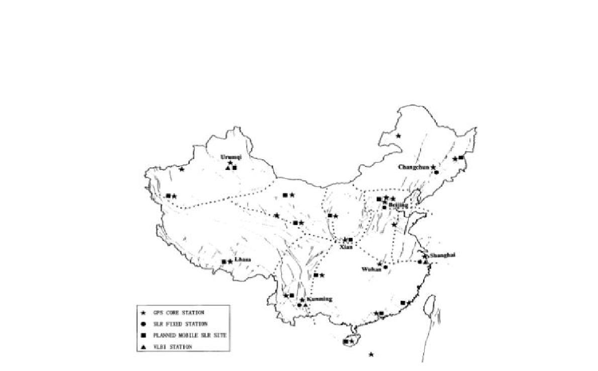 중국의 SLR 관측소의 분포. CTLRS의 위치는 주로 GPS나 VLBI 관측지에 이동하면서 위치할 예정임