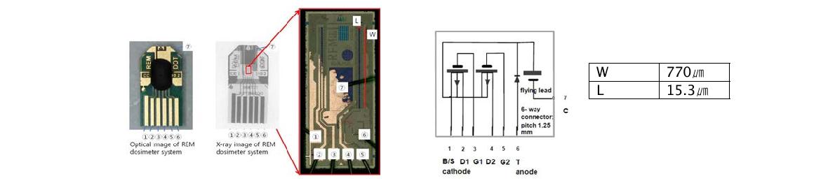 REM사 방사능 센서 소자의 표면 사진 및 소자 배치 모식도