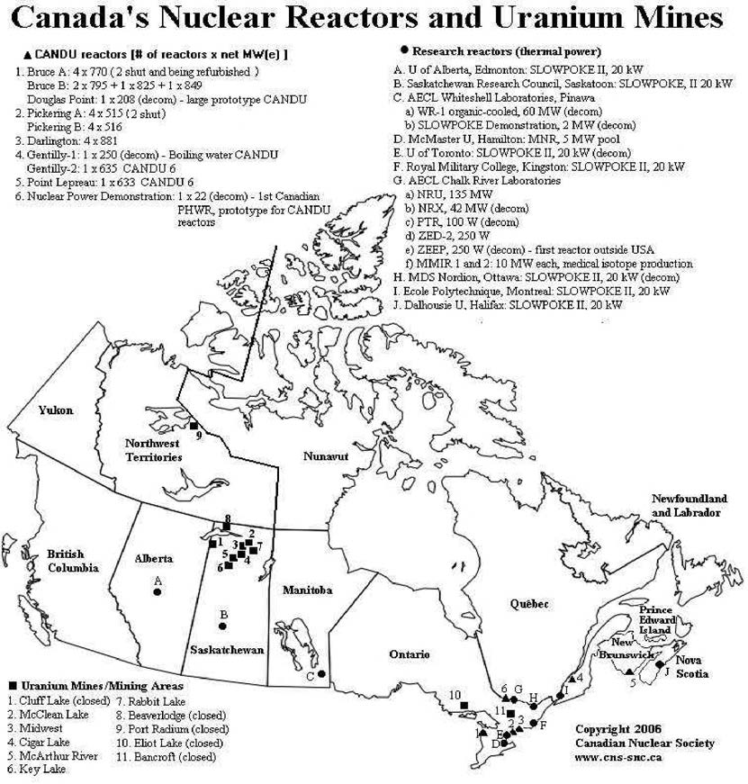 캐나다 원자력발전소 및 우라늄 광산 위 치