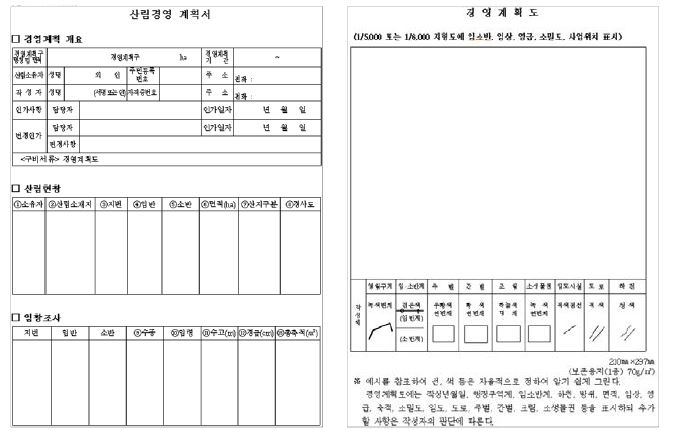 사유림 산림경영계획서(좌) 및 경영계획도(우)