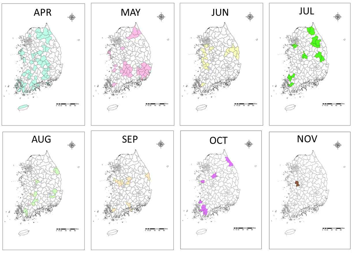 2015년 월별 참진드기 채집지역