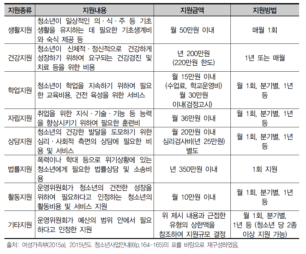 청소년 특별지원사업의 종류 및 내용