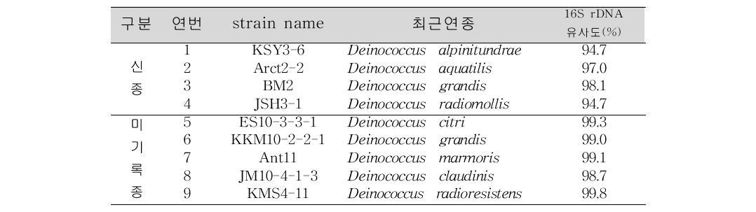 방사선 내성 미생물 발굴 목록(Deinococcus 속)