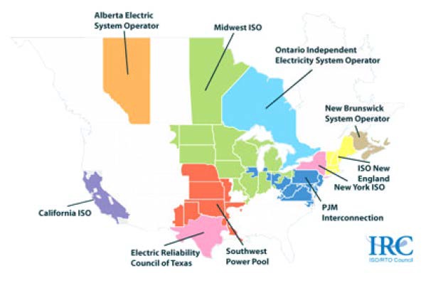 미국 내 지역별 독립계통운영자(ISO) 지도
