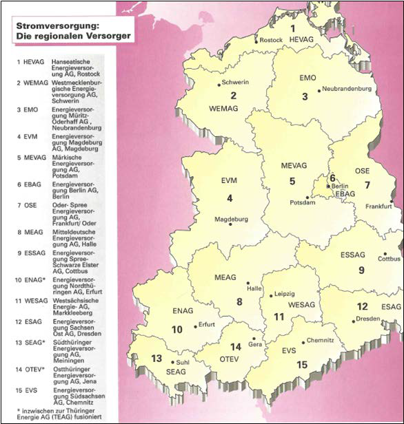 1994년 구 동독지역의 전력공급업체 현황