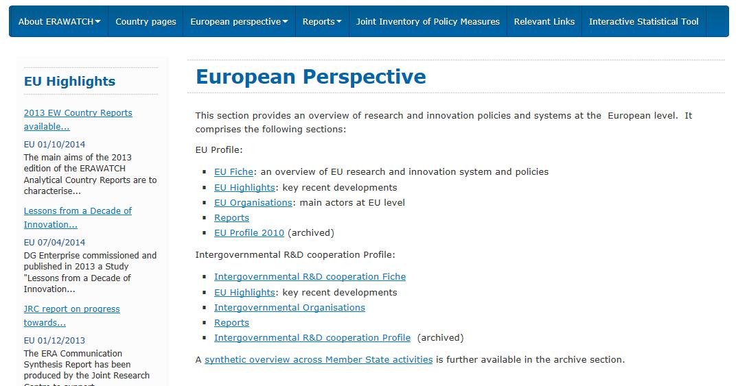‘ERAWATCH’ 사이트의 유럽 지역의 범주별 정보