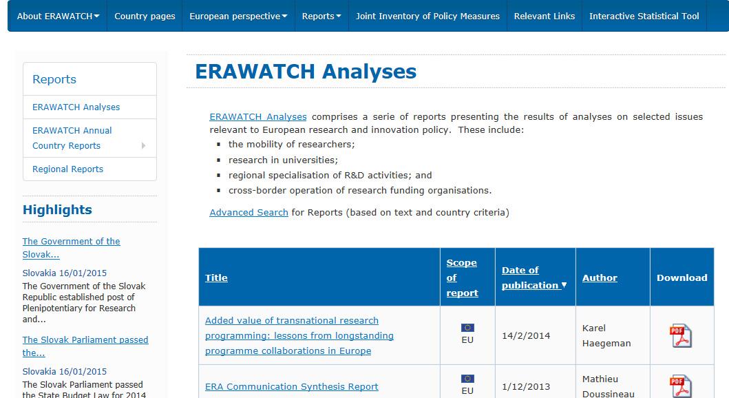 ‘ERAWATCH’ 사이트의 보고서 목록