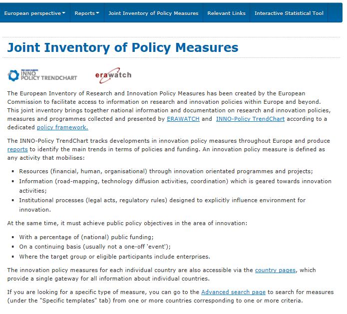‘ERAWATCH’ 사이트의 ‘Joint Inventory of Policy Measures’