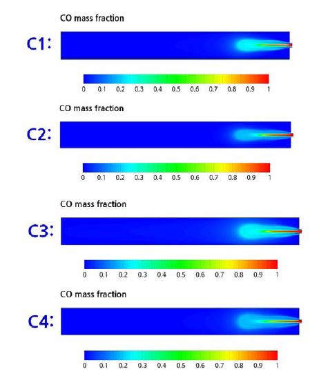 해석 조건별 연소실 내의 CO 분포