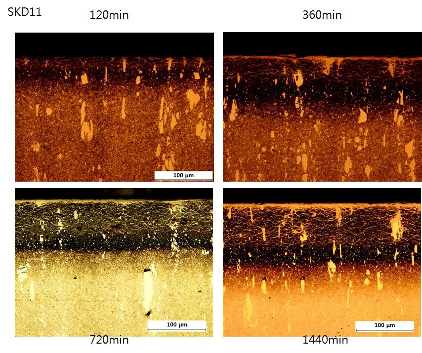 SKD11소재의 질화시간에 다른 단면 광학사진
