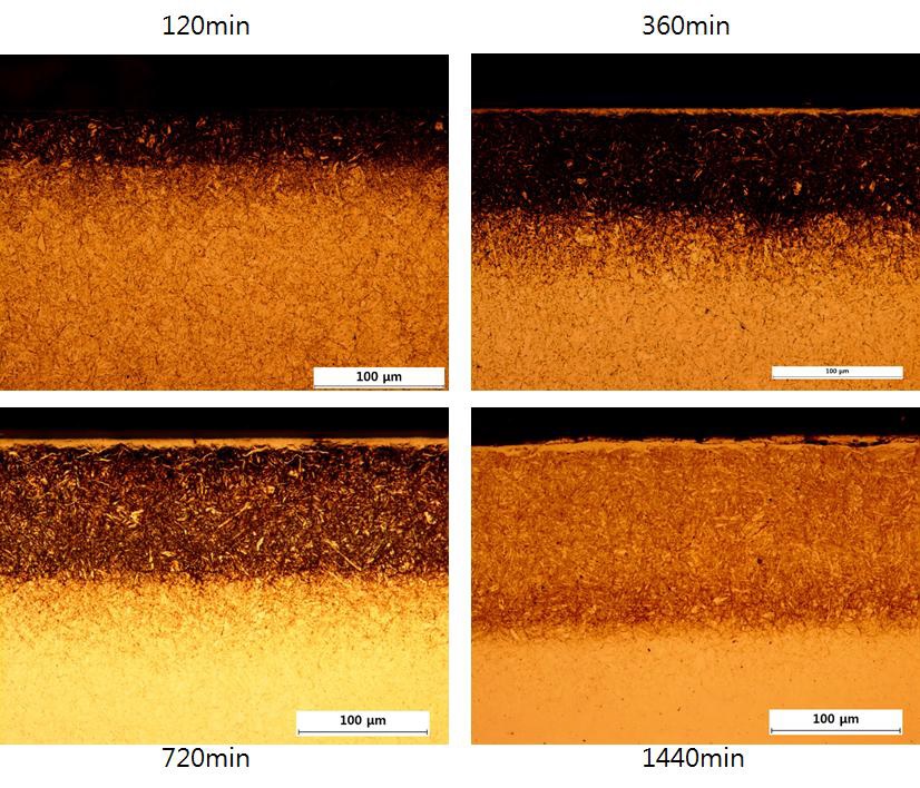 SKD61소재의 질화시간에 다른 단면 광학사진