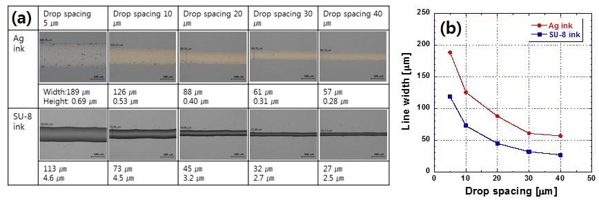 (a) Si 기판위에서 Ag 잉크와 SU-8 잉크의 Drop spacing 에 따른 라인의 이미지, (b) Drop spacing 에 따른 Ag 잉크와 SU-8 잉크의 선폭변화