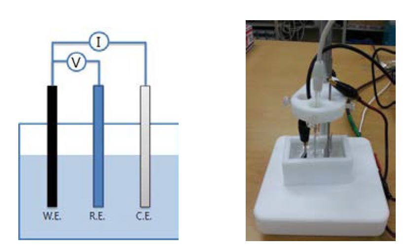 전극 실험의 실험 모식도 및 실제 측정 장치 사진