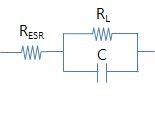 등가 직렬 회로 (RESR), 병렬 저항(RL), 그리고 축전지 (C) 성분으로 이상화된 슈퍼캐패시터의 등가회로도