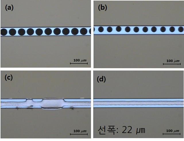 (a) 소수성막 제거전, drop sapcing 25.4 ㎛로 silver nanoparticle ink 인쇄 하였을 때, (b) 소수성막 제거전, drop sapcing 50.8 ㎛로 silver nanoparticle ink 인쇄 하였을 때, (c) 레이저를 이용해 바닥면의 소수성막을 제거하고 drop sapcing 25.4 ㎛로 silver nanoparticle ink 인쇄 하였을 때, (d) 레이저를 이용해 바닥면의 소수성막을 제거하고 drop sapcing 50.8 ㎛로 silver nanoparticle ink 인쇄 하였을 때