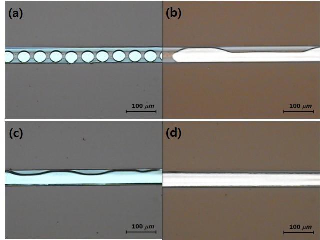 절연층(PI) 위에 2nd silver nanoparticle을 drop spacing을 변화시키면서 인쇄 하였을 경우의 광학현미경 이미지; (a) drop spacing 50.8 ㎛, (b) drop spacing 25.4 ㎛, (c) drop spacing 12.7 ㎛, (d) drop spacing 6.4 ㎛