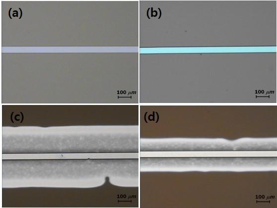 소수성막 없이 절연층 위에 silver nanoparticle ink 를 인쇄하였을 경우; (a) 소수성막이 없는 채널, (b) (a)에 절연층(PI) coating 후, (c) drop spacing 25.4 ㎛로 silver nanoparticle 인쇄하였을 경우, (d) drop spacing 50.8 ㎛로 silver nanoparticle 인쇄하였을 경우