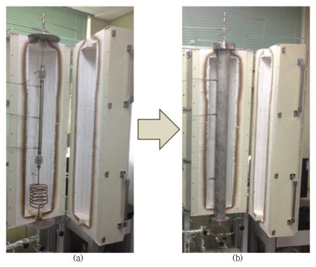 Continuous flow reactor (a) before and (b) after scale-up.