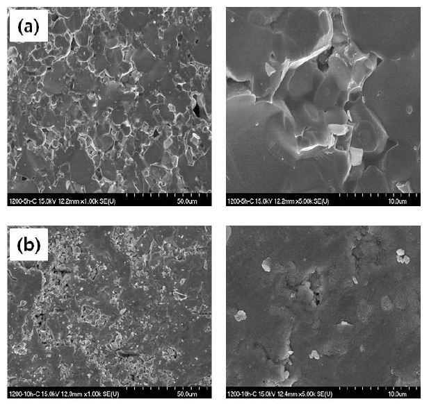 Cross-sectional SEM images of LLZOpellets calcined for (a)5hand (b)10h at1200°C