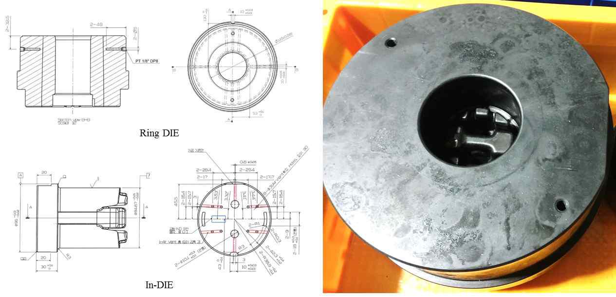 알루미늄 피스톤 열간단조 2차 공정설계안 : Ring DIE, In-DIE 설계도 및 제작결과