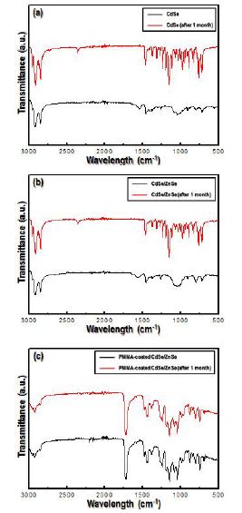 The FT-IR spectroscopy of (a) CdSe core, (b) CdSe/ZnSe core/shell and(c) PMMA-coated CdSe/ZnSe after 1 month.