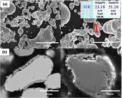 수 분무 공정에 의해 제조 된 Fe-3wt%Cr-0.5wt%Mo 분말의(a)형상 및 (b)단면 FE-SEM 이미지