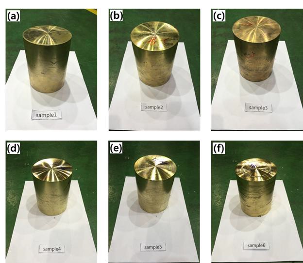 100∅ x 100mm로 가공한 압출용 주조재 (a) 합금조성 1,(b) 합금조성 2, (c) 합금조성 3, (d) 합금조성 4, (e) 합금조성 5, (f) 합금조성 6