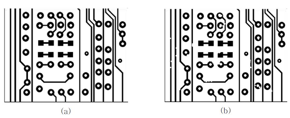 Over etching으로 인한 회로불량; (a) Reference, (b) Over etching