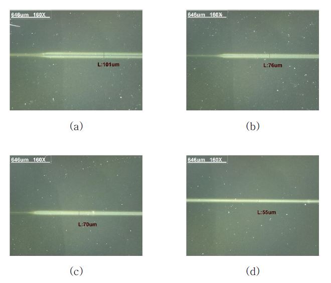 Laser 전력이 0.3 Watt일 때 소결속도에 따른 변화; (a) 1 mm/sec, (b) 5 mm/sec, (c) 10 mm/sec, (d) 40 mm/sec