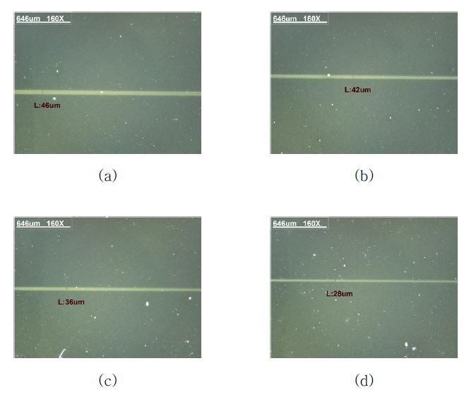 Laser 전력이 0.1 Watt일 때 소결속도에 따른 변화; (a) 1 mm/sec, (b) 5 mm/sec, (c) 10 mm/sec, (d) 40 mm/sec